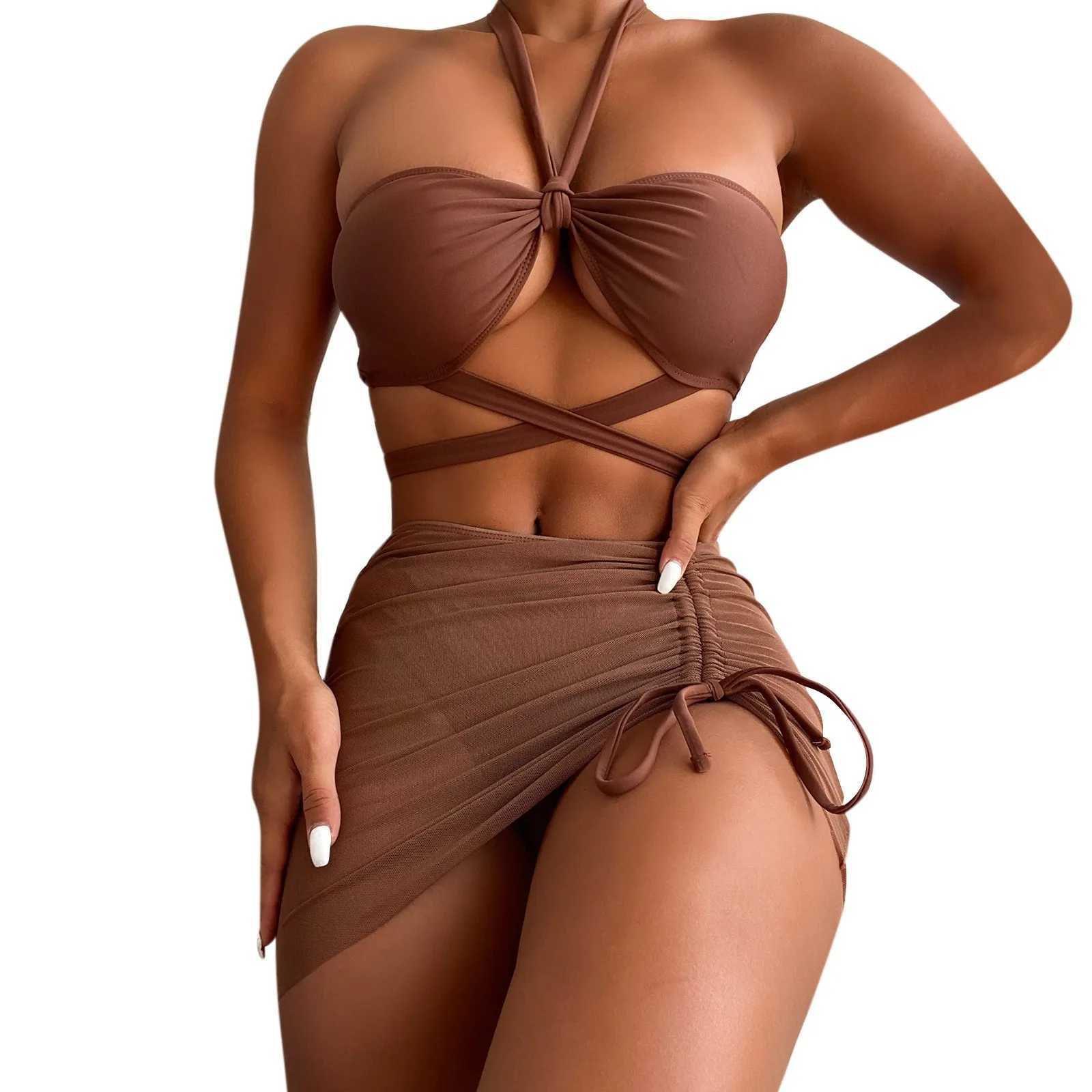 Summer 2024 New 3-Piece Swimsuit Womens High Waist Swimsuit Sexy Lace Up Micro Bikini SetW241225