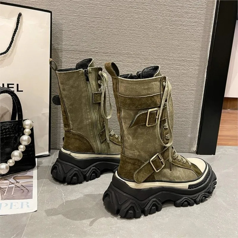 Thick platform women boots vintage canvas tooling High top knight boots Round head muffin sole side zip Belt buckle boots C21 241226