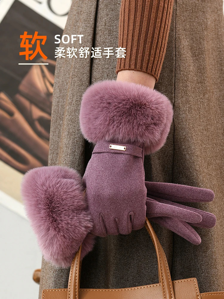 German velvet gloves for womens autumn and winter beige thickened warm windproof and cold-proof touchscreen gloves 241226
