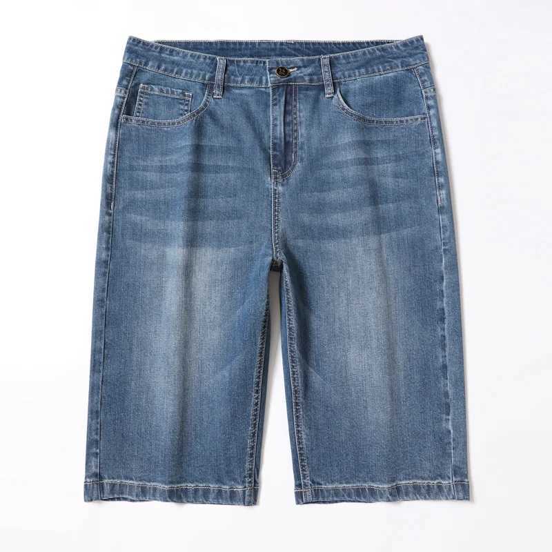 Cotton mens casual denim shorts summer new retro elastic suitable for straight elastic knee length jeans brand clothing W241226