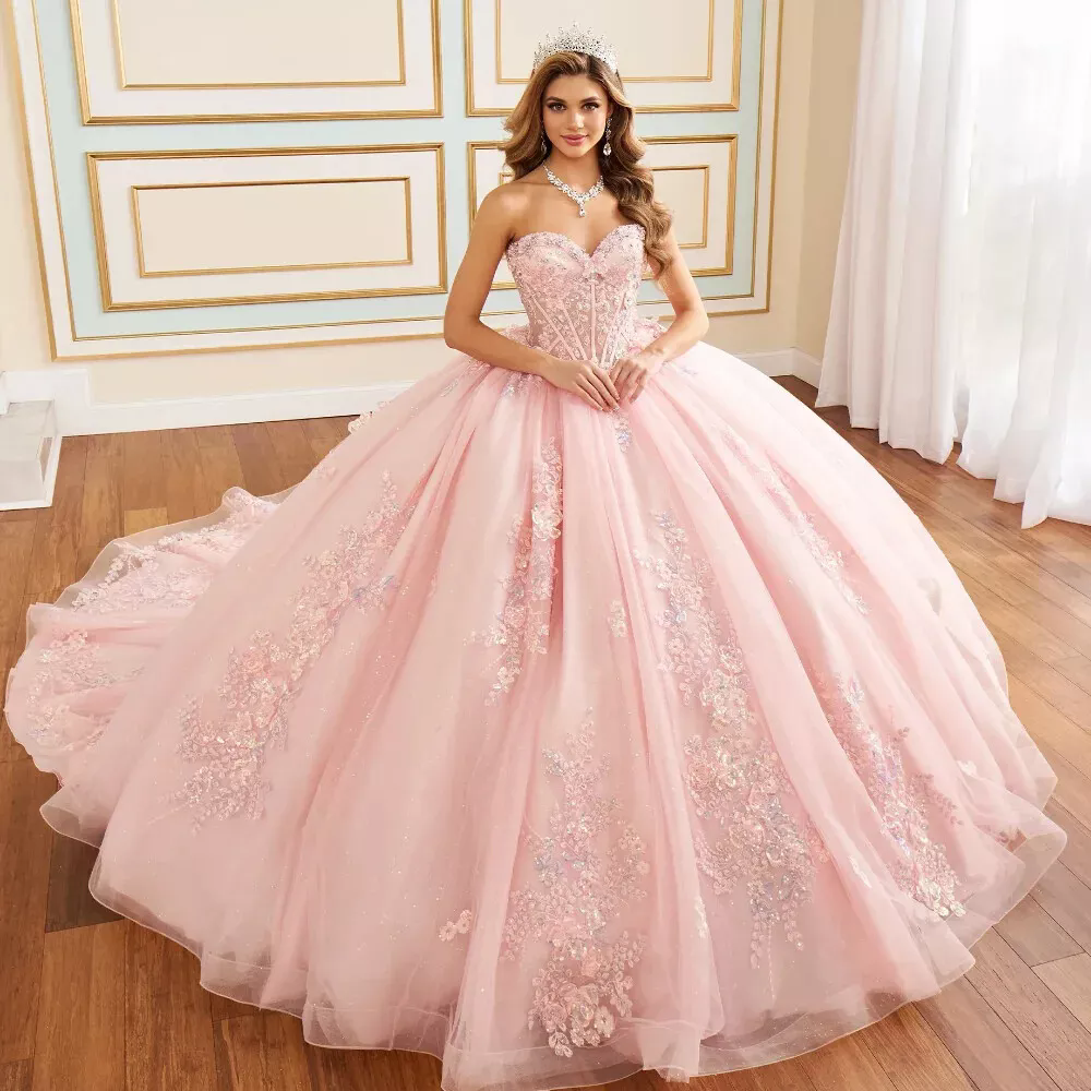 Fuchsia Princess Quinceanera Dresses Ball Gown Off The Shoulder Glitter Beads Corset Sweet 15 Vestidos Appliques De XV Anos Plus Size 01