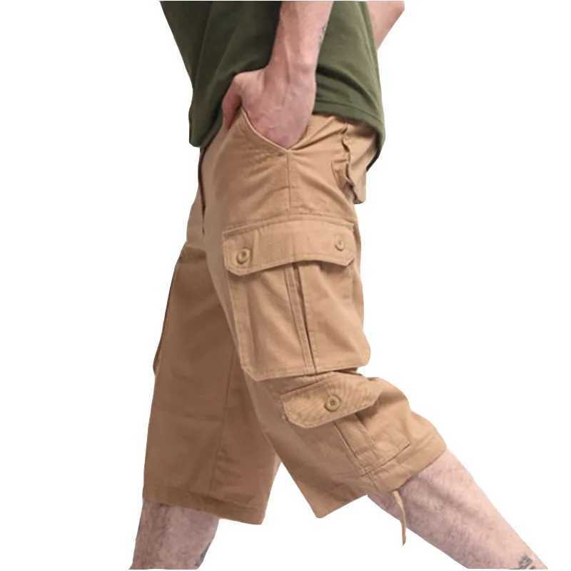 2023 New Mens Seven point Labor Pants Trend Loose Large Cotton Five point Shorts Mens Multi Pocket Seven point Pants W241226