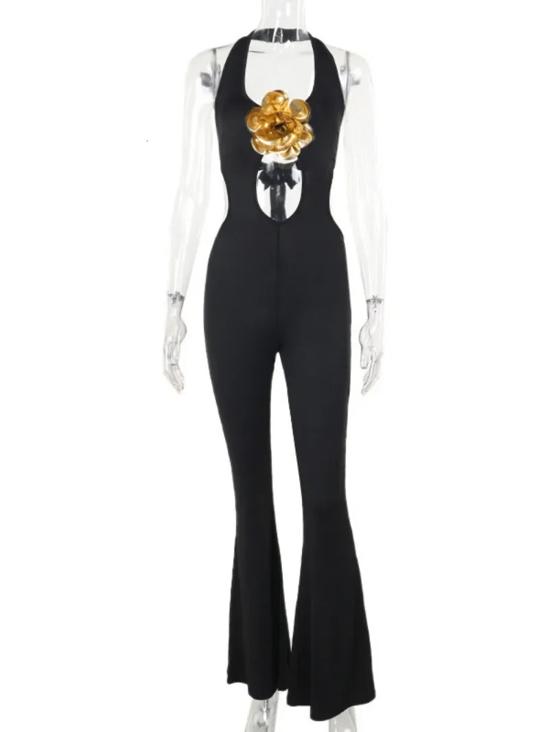 Women Halter Neck Gold Flower Black Jumpsuits Sexy Sleeveless Bandage Backless Hollow Out Flare Pants Evening Party Overalls 241225