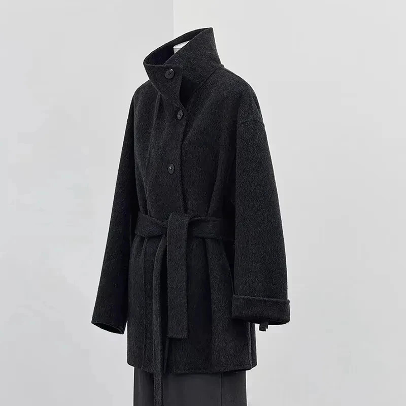 Turtleneck Single Breasted Woolen Coat Laceup Solid Color Elegant Full Sleeve Clothing 241225