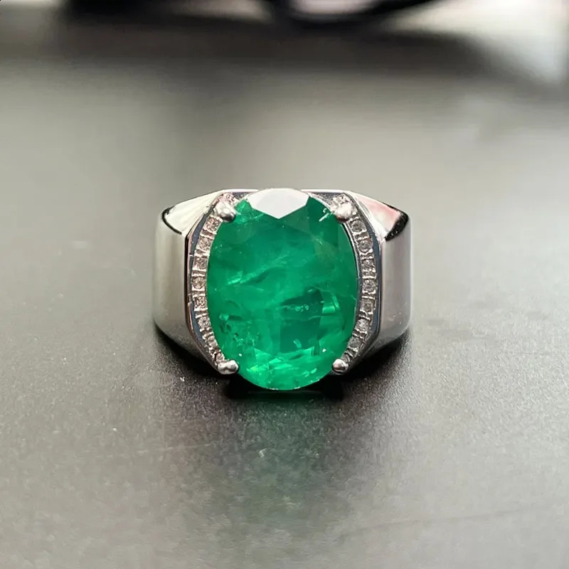 925 Silver Gemstone Men Ring 12mm*16mm Man Made Colombia Emerald color crystal Ring for Men 3 Layers Gold Plated Male Jewelry 241225