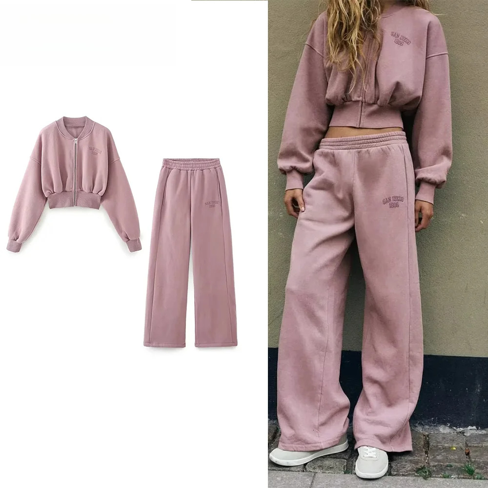 Autumn Women Solid Sporty Suits Casual Winter Loose Zipper O Neck Jackets+Fashion Pockets Elastic Waist Sport Pants