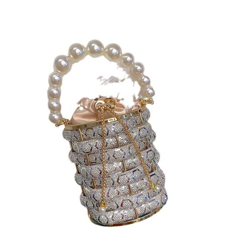 Shiny Rhinestone Metal Chain Evening Bags Vegetable Basket Bucket Bag Irregular Hollow Pearl Hand Held Crossbody Purses 241226