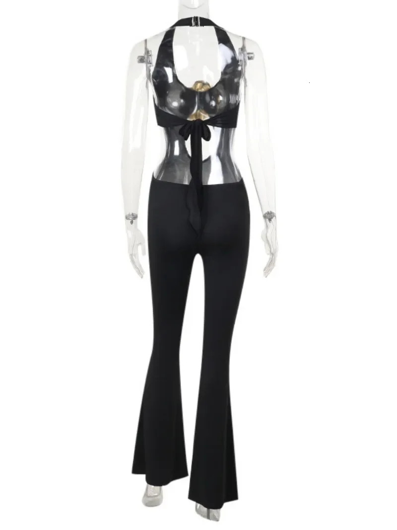 Women Halter Neck Gold Flower Black Jumpsuits Sexy Sleeveless Bandage Backless Hollow Out Flare Pants Evening Party Overalls 241225