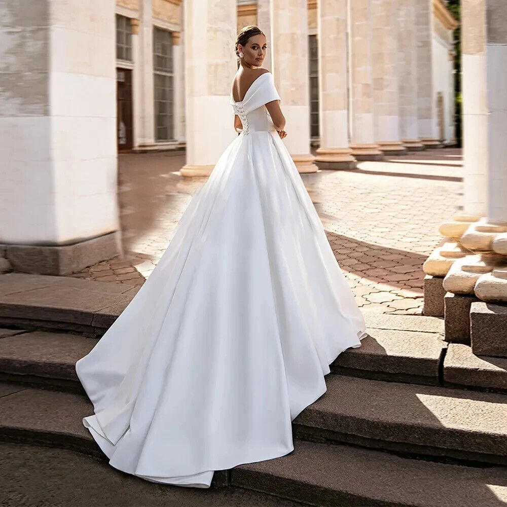 Newest A Line Wedding Dresses Pleats Satin Puffy Off The Shoulder Beach Bridal Gowns Plus Size Illusion Floor Length Robe de Mariee
