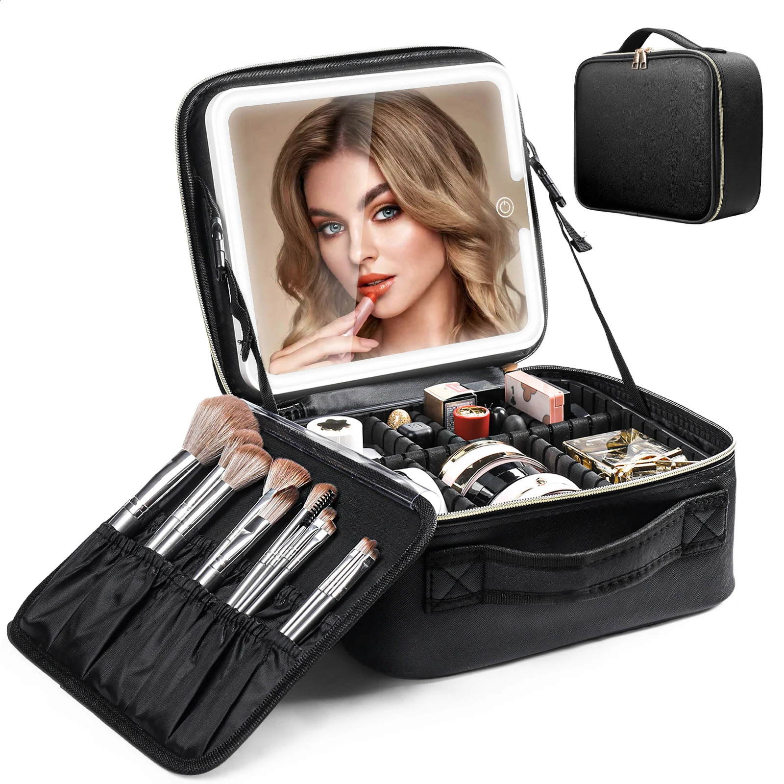 Travel Makeup Bag With LED Lighted Mirror Makeup Train Case With Adjustable Dividers For HomeGiftVacation 241226