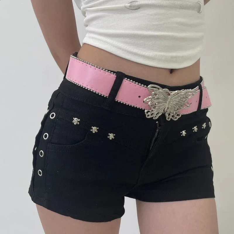 Y2k Harajuku Trendy Butterfly Black Belt Women Jeans Trousers Skirt Accessories Leather Belt Fashion Pink Tactical Belt Gifts 241226