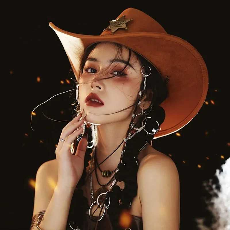 INS unisex womens imitation suede hexagonal star sheriff wide Brim sunny C beach denim cowboy Western hat W241225