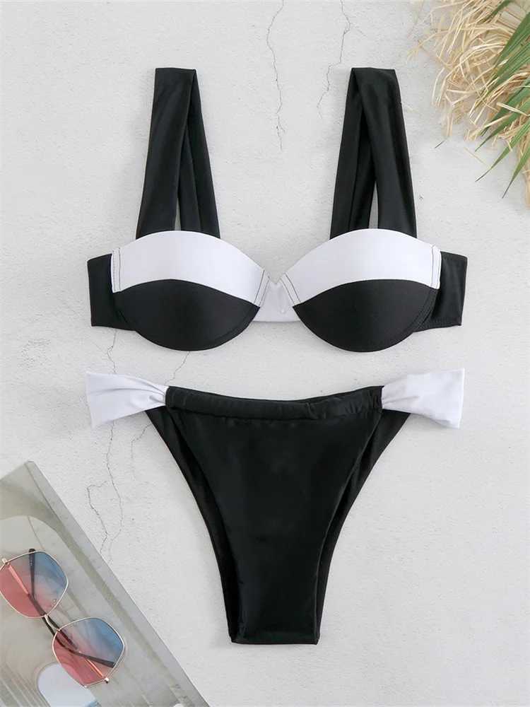 Push Up Black and White Splicing Bikini 2024 Sexy Comparison Underwear Ruffle T-shaped Swimsuit Brazilian Swimsuit Mini SwimsuitW241225
