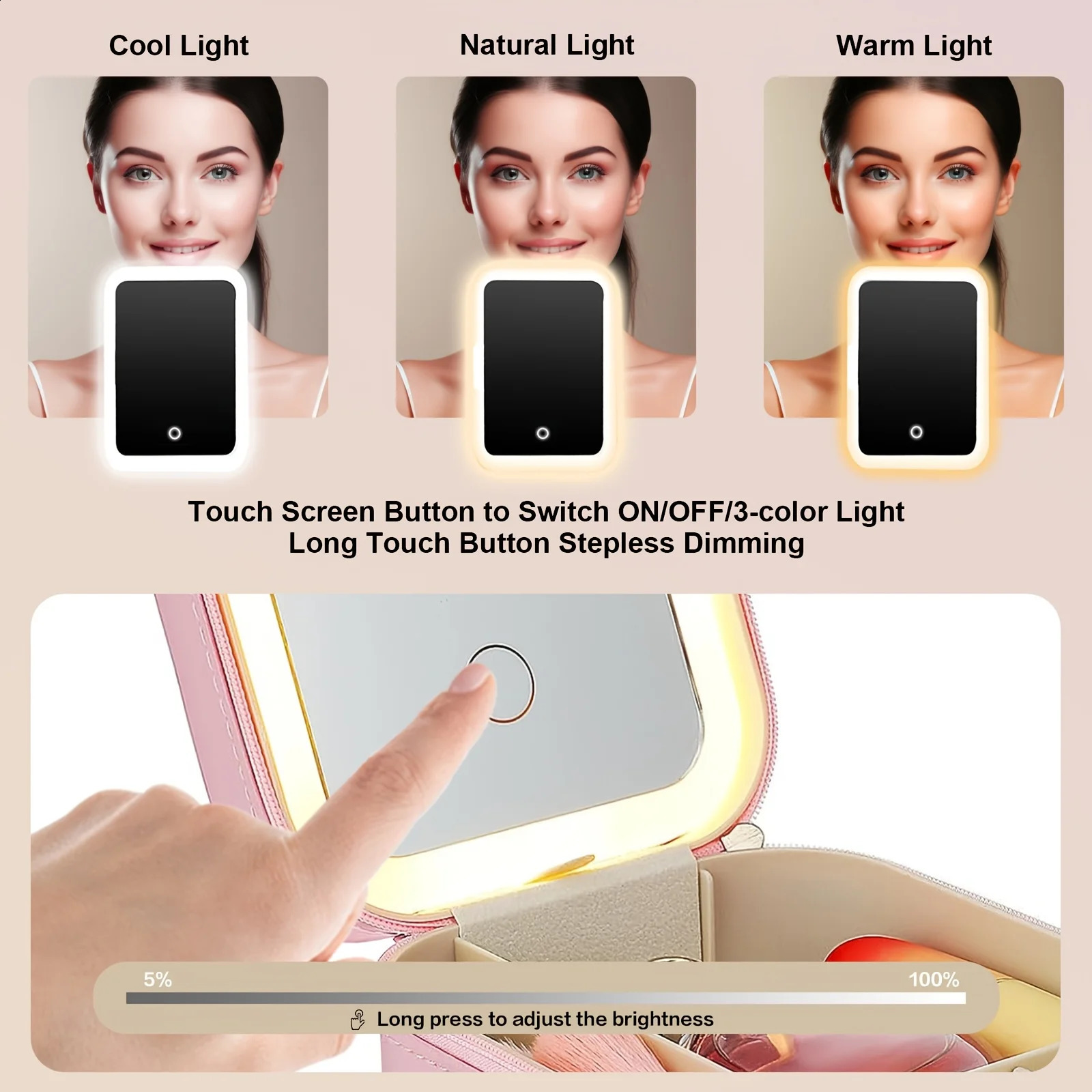 Makeup Bag With Mirror LED Travel Makeup Case Make Up Bag Light Up Mirror Adjustable 3 Color Rechargeable Jewelry Box Organizer 241226