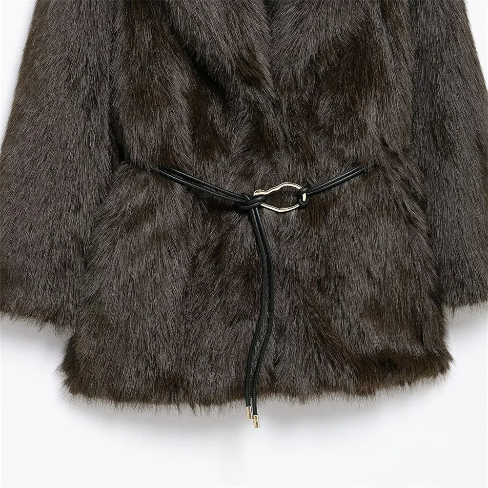 Zach Ailsa Womens Belt Decoration Collar Solid Color Medium Long Coat AutumnWinter Sleeve Loose 241225