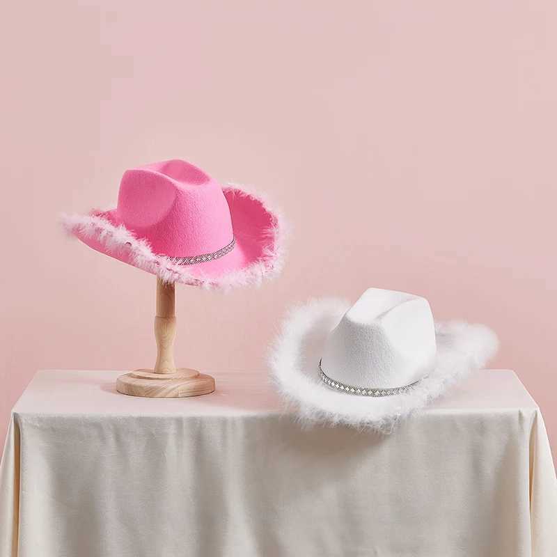 CocMouse Womens Cowboy Hat Fluffy Feather Decoration Wide Brim Flat Top Disco Cowboy Hat Western Club Party Costume Props W241225
