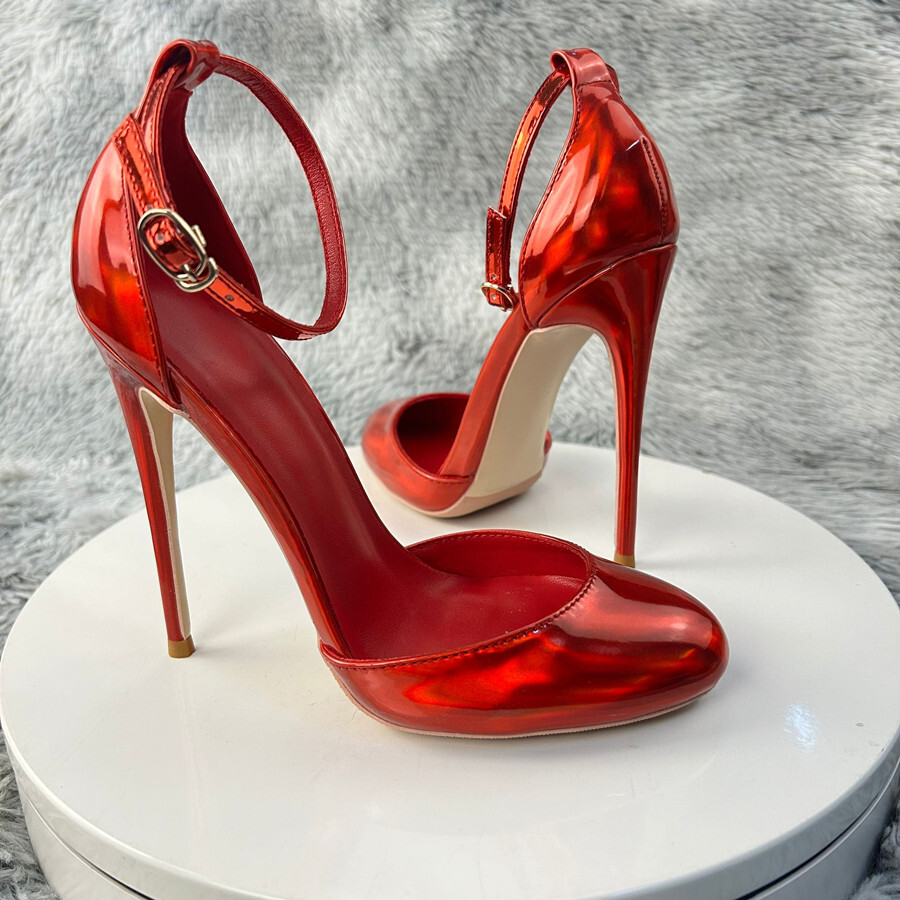 Laser Red Patent Leather Women Ankle Strap D'orsay Pumps 12Cm High Heels Cute Mary Jane Red Inside Stilettos Party Shoes