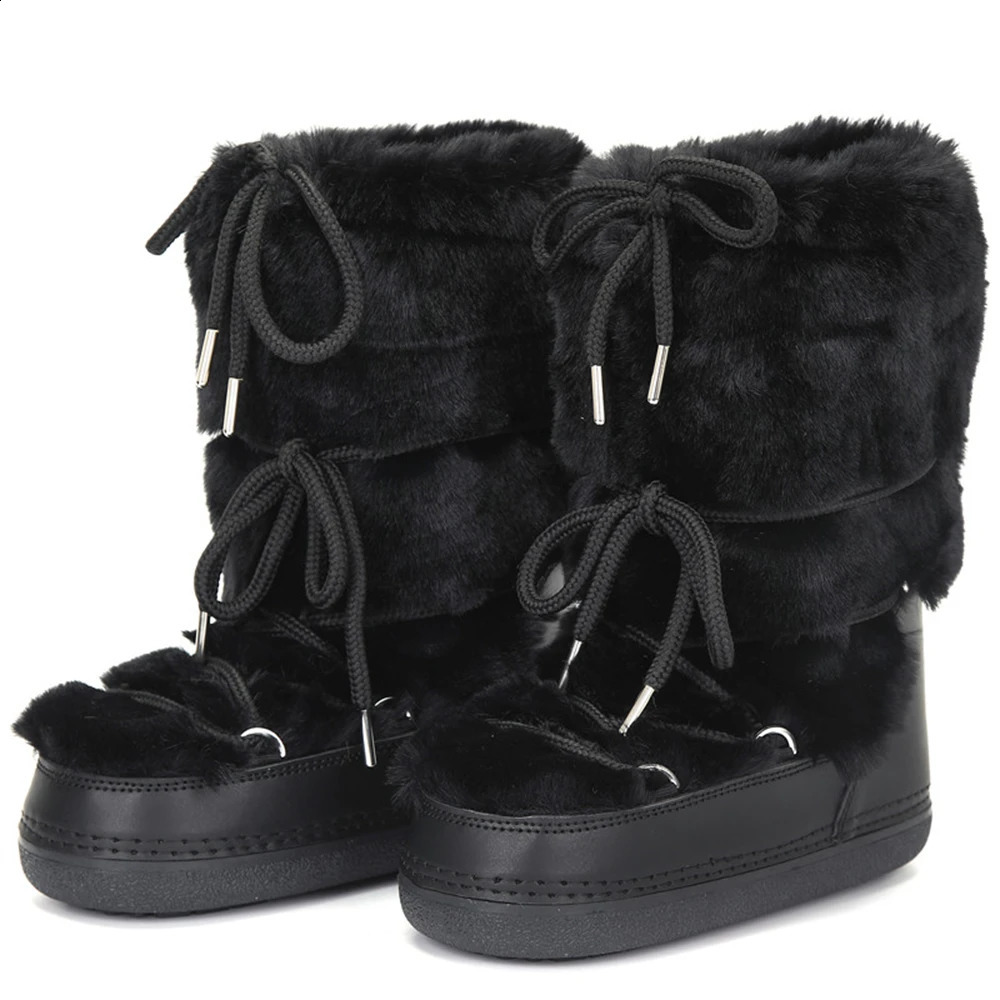 2024 Winter Boots Mid-calf Rabbit Fur Snow Boots Women Fluffy Furry Fur Cotton Boots Lace-up Waterproof Cotton Boots241226