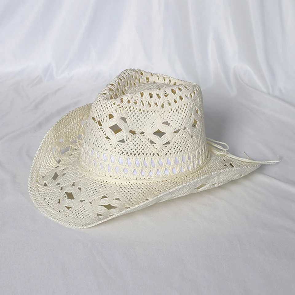 Summer Beach Party Cowboy Hat Womens Wide Brim Cowboy Hat Fashion Music Festival Elegant Hollow Sun C Heear W241225