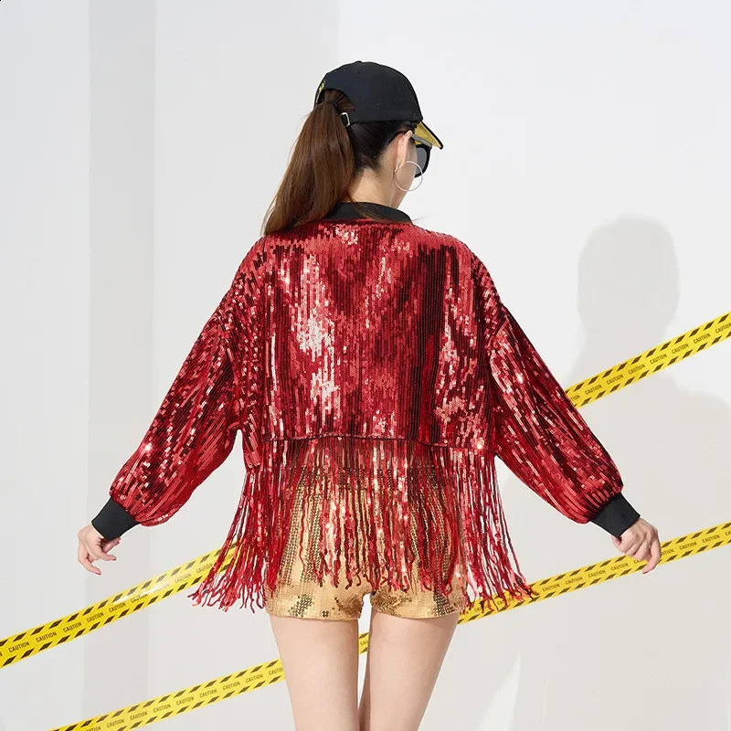 Sequined Tassel Cardigan Short Jacket Women Nightclub Bar Outerwear Stage Costume Ladies Coat Performance Jackets Woman Clothes 241223