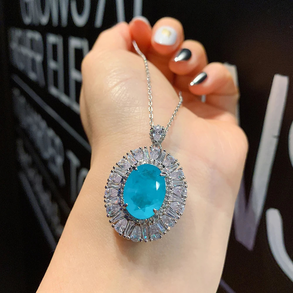 Charms 1216mm Paraiba Tourmaline Emerald High Carbon Diamond Pendant Necklace for Women Wedding Party Fine Jewelry Ladies Gift 241226