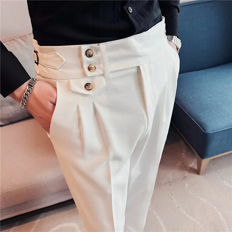 Spring Autumn Men High Waist Belt Casual Slim Formal Dress Pant Men Social Office Wedding Party Dress Suit Pants 260306