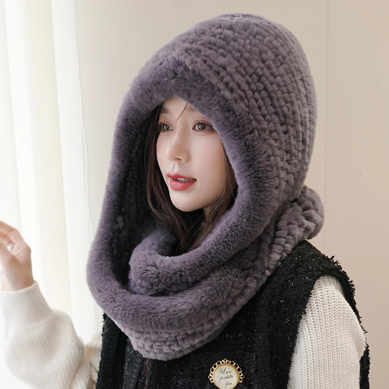 Women Real Knitted Rex Rabbit Fur Hat Hooded Scarf Long Winter Warm Fur Hat With Neck Collar Scarves Hat Scarf 241225