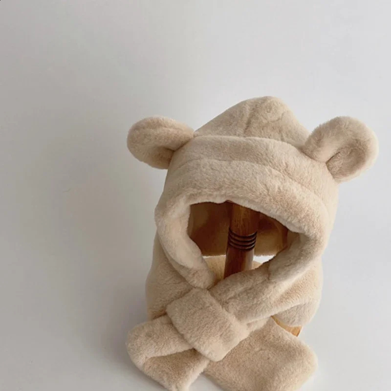 Winter Baby Hat OnePiece Faux Fur Kids Hooded Scarf Bear Ears Warm Neck Ear Cap for Girls Boys Windproof Beanies Infant 241225