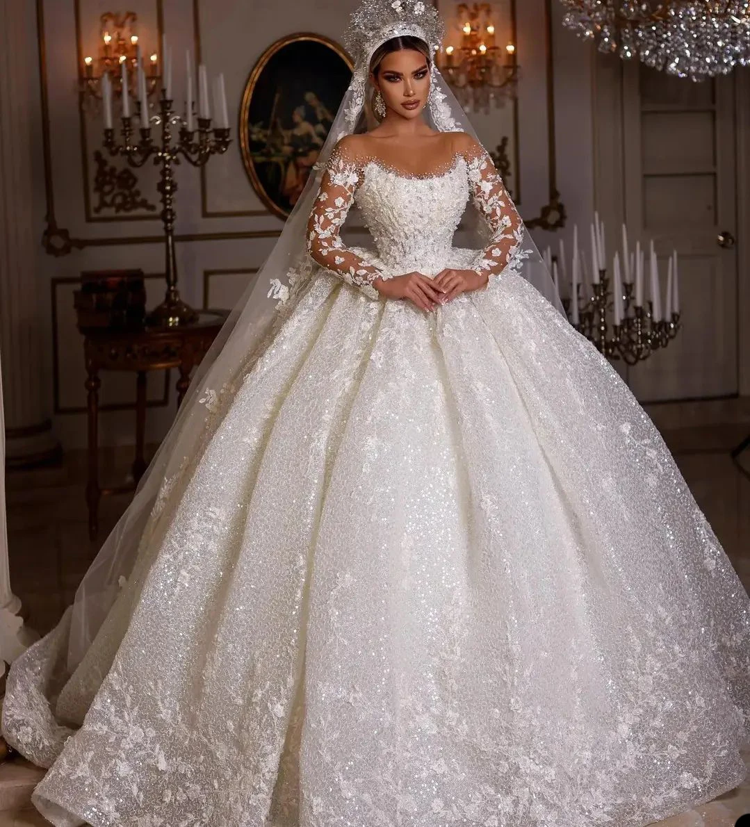 Ball Women Wedding Dress Sheer Neck Long Sleeveless Bridal Gown Sequins Appliques Sweep Train Dresses Customized Vestido De Novia