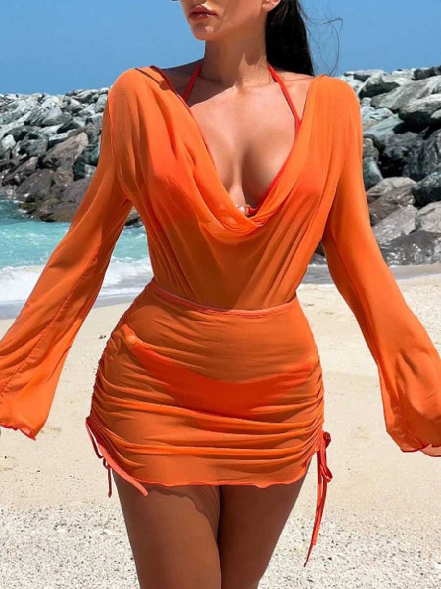 3 pieces of camisole triangle bikini 2024 bead swimsuit womens and wrap swimsuit womens swimsuit beach wearW241225