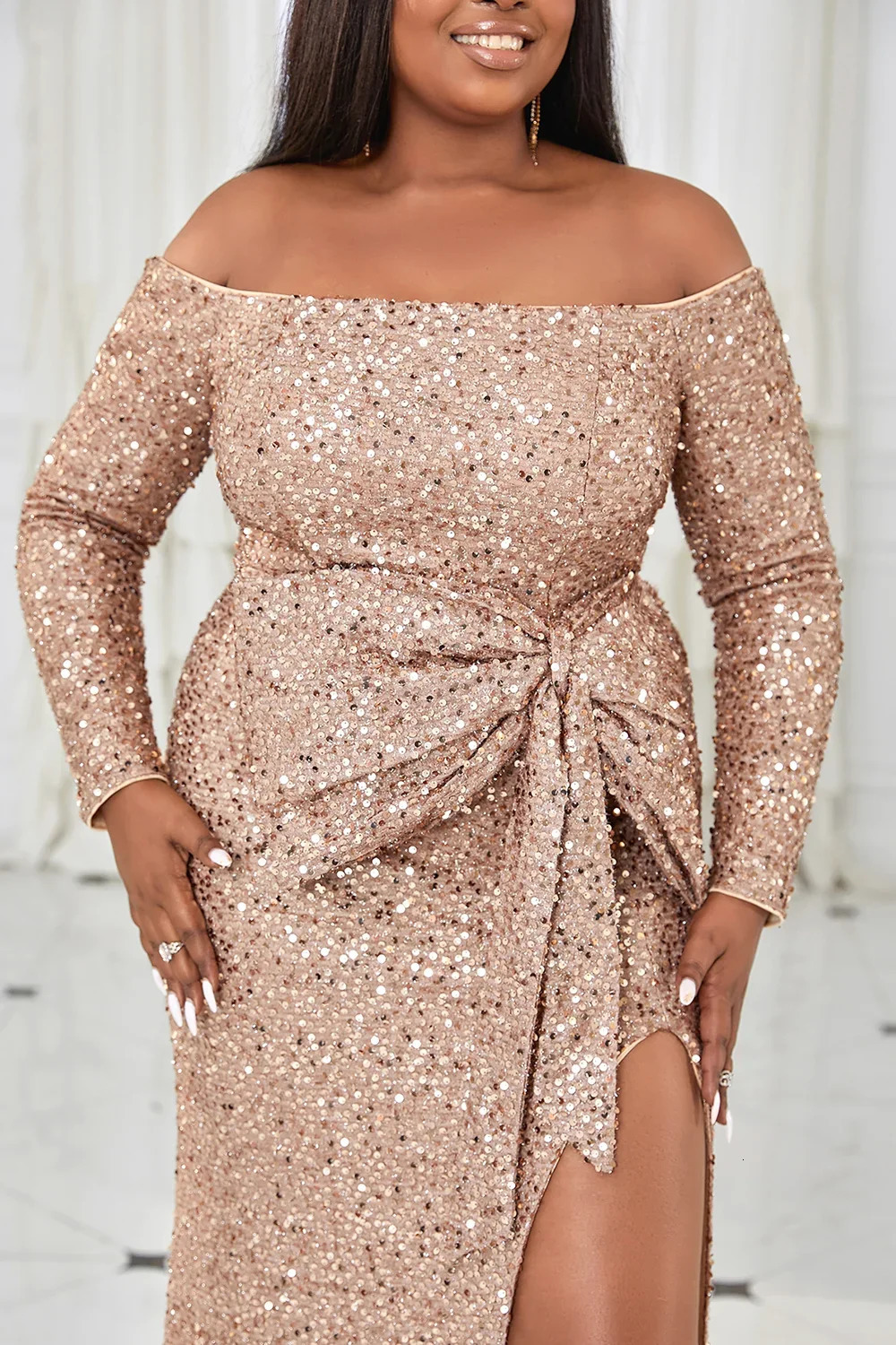 Womens Plus Size Evening Dress Sequin Sparkly Split Sexy with Belt Bow Cocktail Wedding Guest Long Dress Autumn Elegant Dress 241225