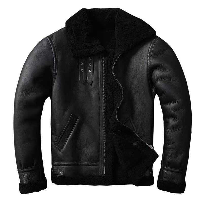 Mens Genuine Leather Pilot Jacket, B3 Bomber, Sheepskin Wool, Winter Warmth, Rock Style