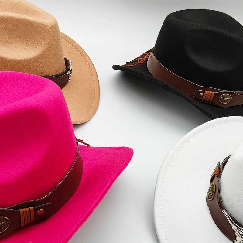 New Western Mens Cowboy Style Leather Hat Wool Cheu Western Gentleman South States Jazz C Cowboy Hat Cowboy Band W241225