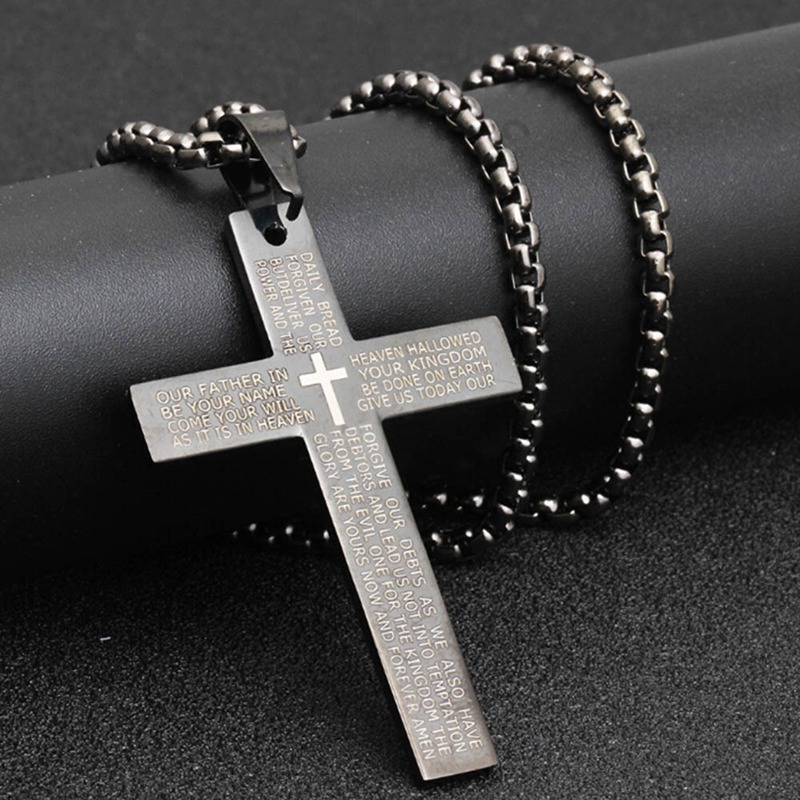 Titanium Steel Bible Cross Pendant Necklace 18K Gold Silver Black Christianity Necklace with Long Chain Stainless Steel Sweater Chain Cross Necklace f