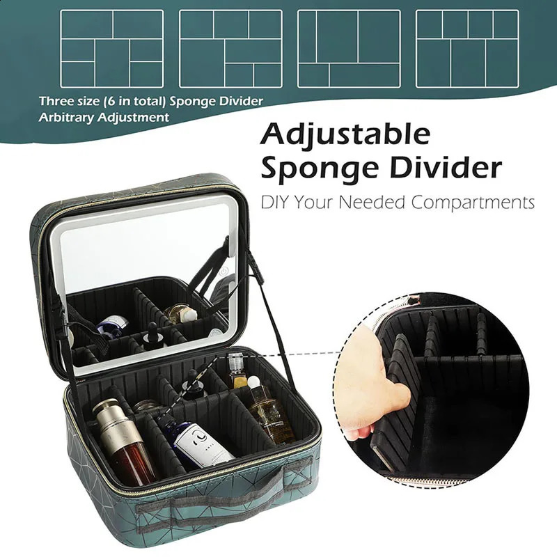 Travel Makeup Bag With Mirror LED Lighted Adjustable Dividers Cosmetic Case Portable Artist Beauty Nail Tool Makeup Case Female 241226