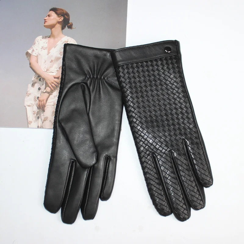 Womens Sheepskin Gloves Touch Screen Leather Fashion Sheepskin Woven Warm Wool Knitted Lining Driving Gloves High end 241226