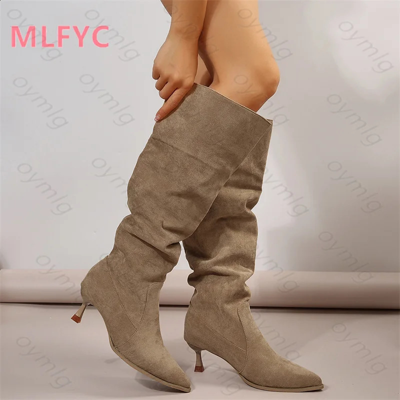 Women Boots Winter Pointed High Heels Stacked Boots Wide Sleeved Long Boots Slimming Thin Heels High Sleeved Knights Boots Mujer 241226