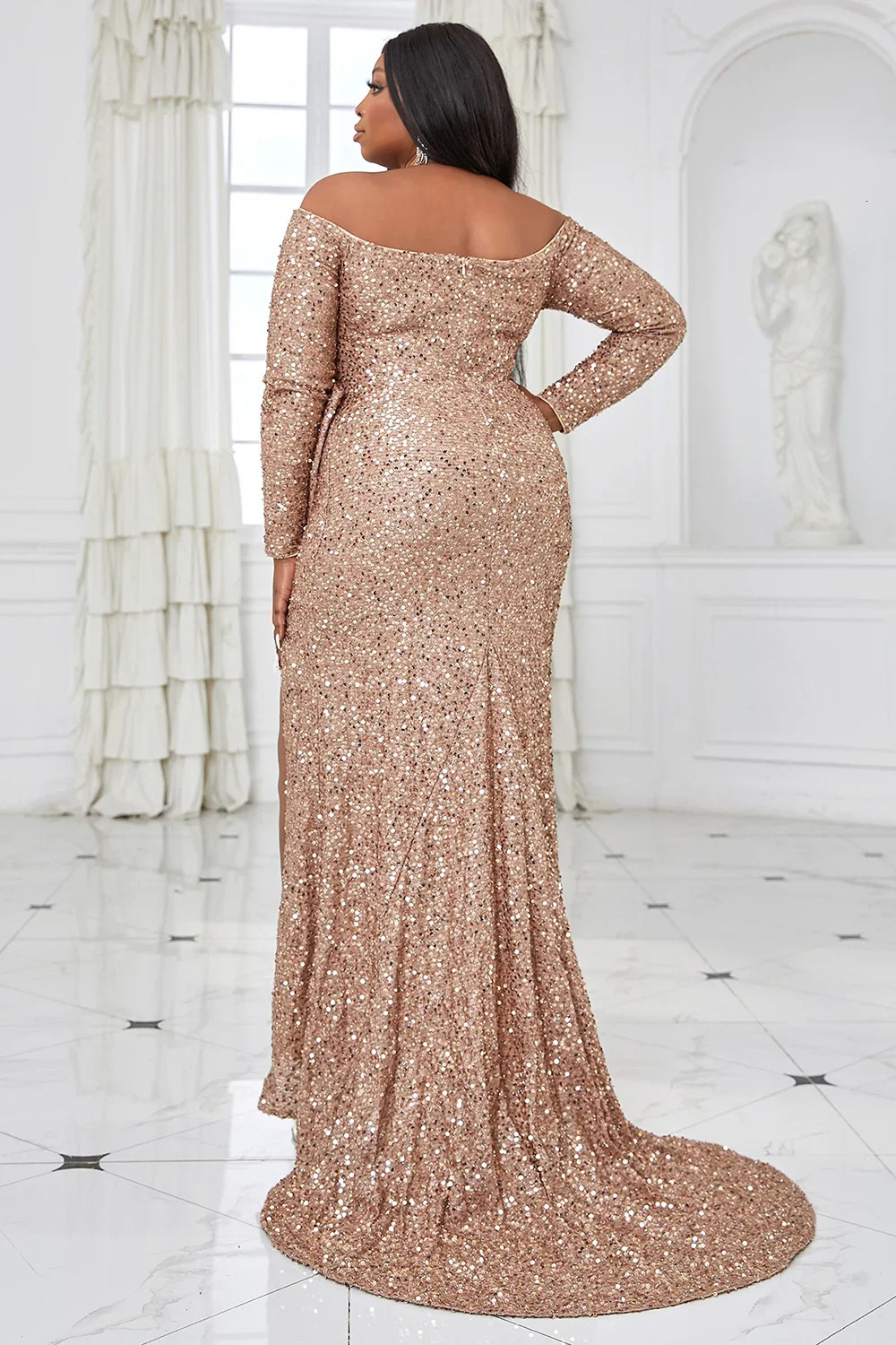 Womens Plus Size Evening Dress Sequin Sparkly Split Sexy with Belt Bow Cocktail Wedding Guest Long Dress Autumn Elegant Dress 241225