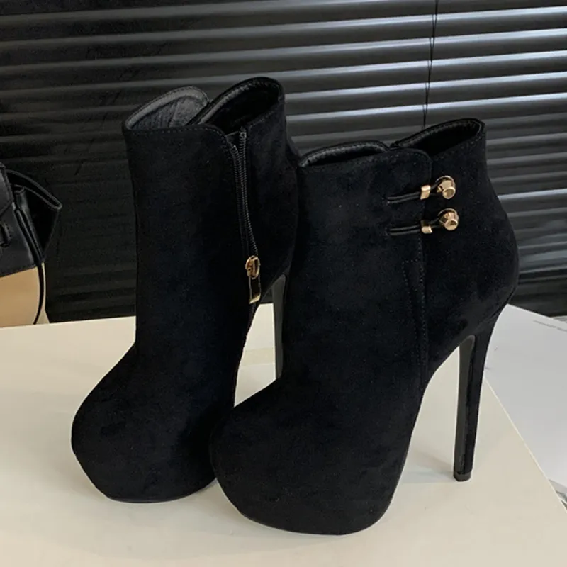 Fashion Boots Chic Elasticity Buckle Strap Women High Heels Platform Boots Sexy Zip Round Toe Pole Dance Extreme Shoes Black