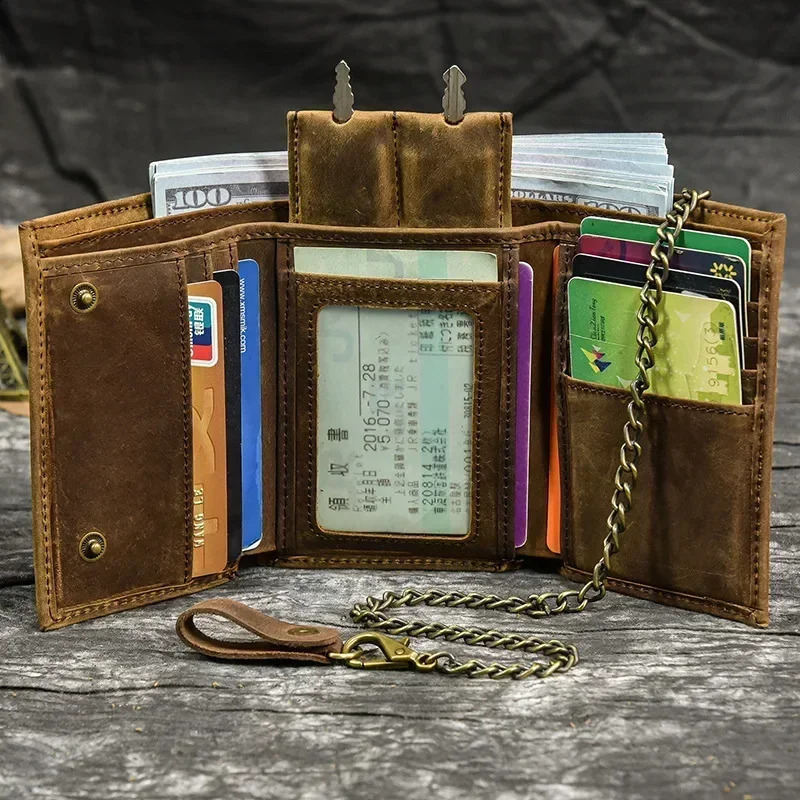 Men Genuine Leather Short Wallet with Chain Zipper Clutch Wallets Male Short Trifold Purse Card Holder Change Coin Purse 241224