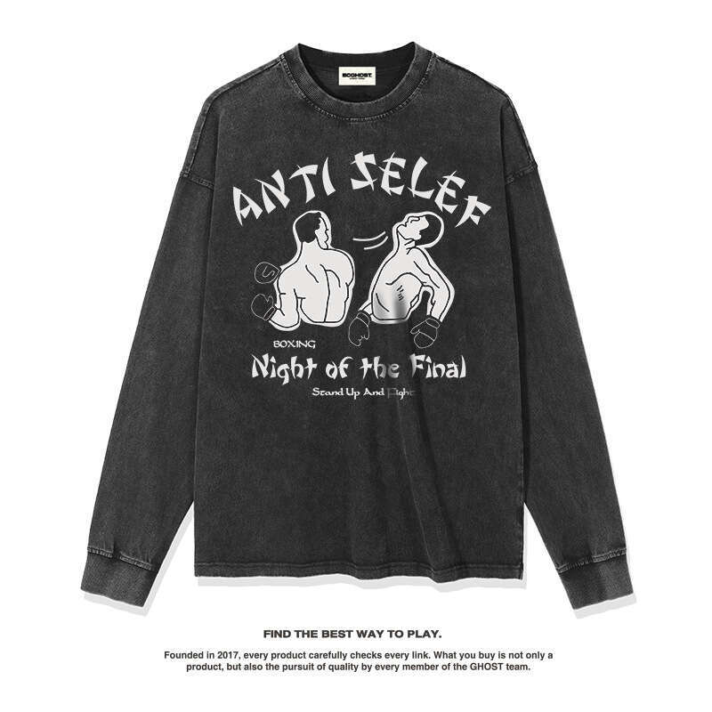 Design American boxing prints autumn winter men and women's long sleeved t-shirts with loose round necklines for a trendy look