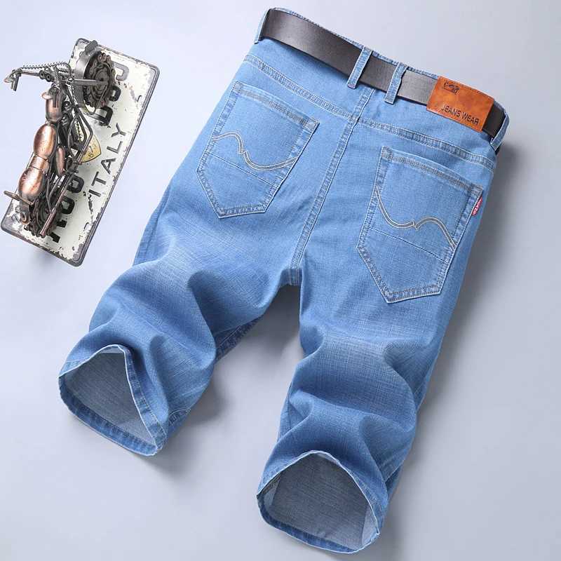 Mens denim shorts 2024 summer new thin elastic strength slim fit shorts mens brand clothing blue W241226