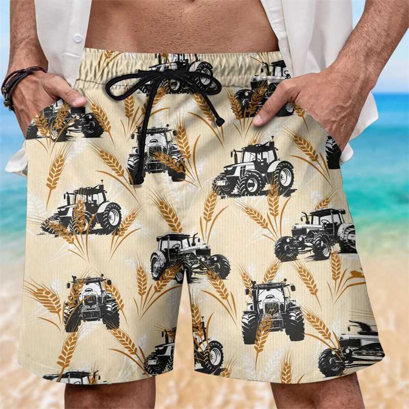 3D printed tractor mens shorts farm pattern beach shorts fashionable casual street oversized Hawaiian surfing swim trunks W241226