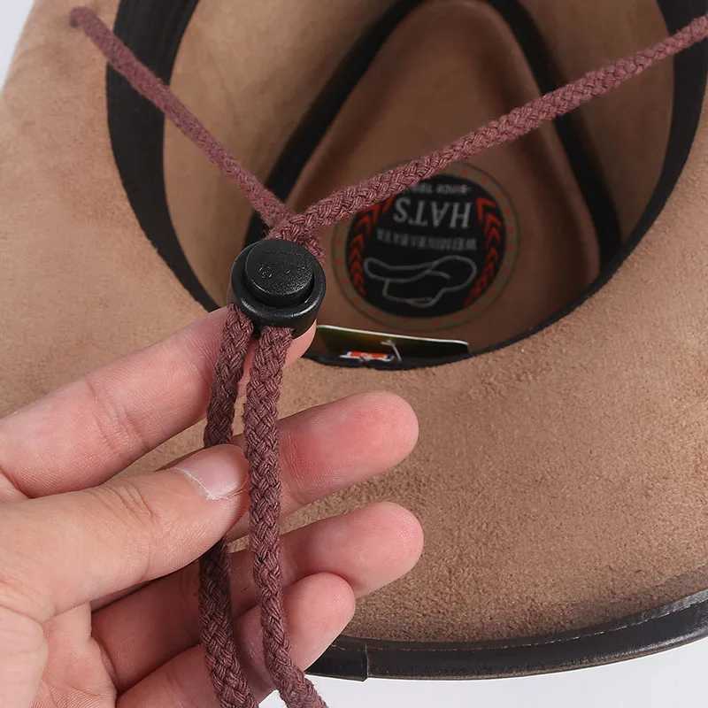 High quality Western cowboy hat mens fashion 2024 cool retro outdoor artificial leather cowboy hat wind rope Cs W241225