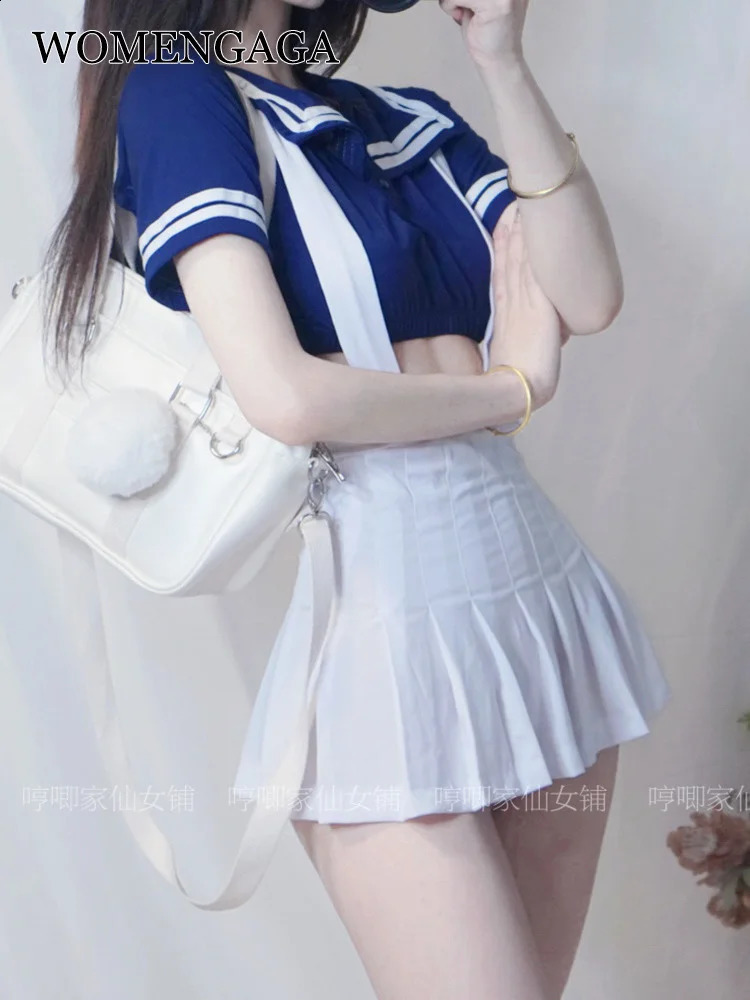 WOMENGAGA Preppy Style Sweet Sexy JK Lolita Strap Dress Mini Pleated Skirts T Shirt Fashion Two Piece Set Fairy Cute MB0D 241226