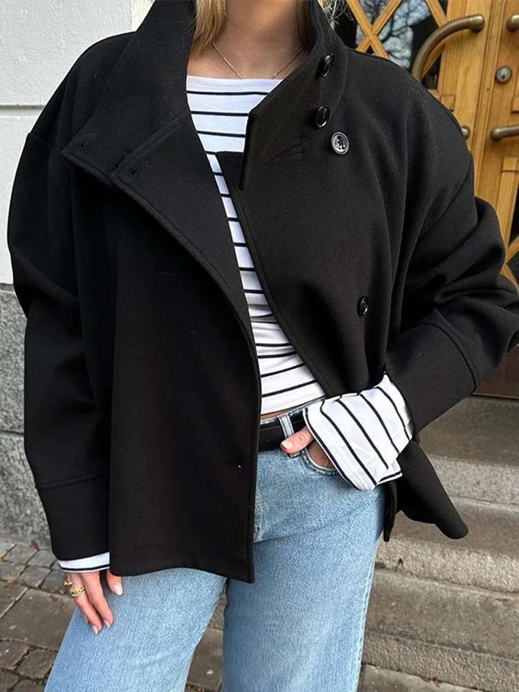Casual Stand Collar Solid Short Coat Loose SingleBreasted Woolen Female French Winter Elegant Chic Street Outwear 241225