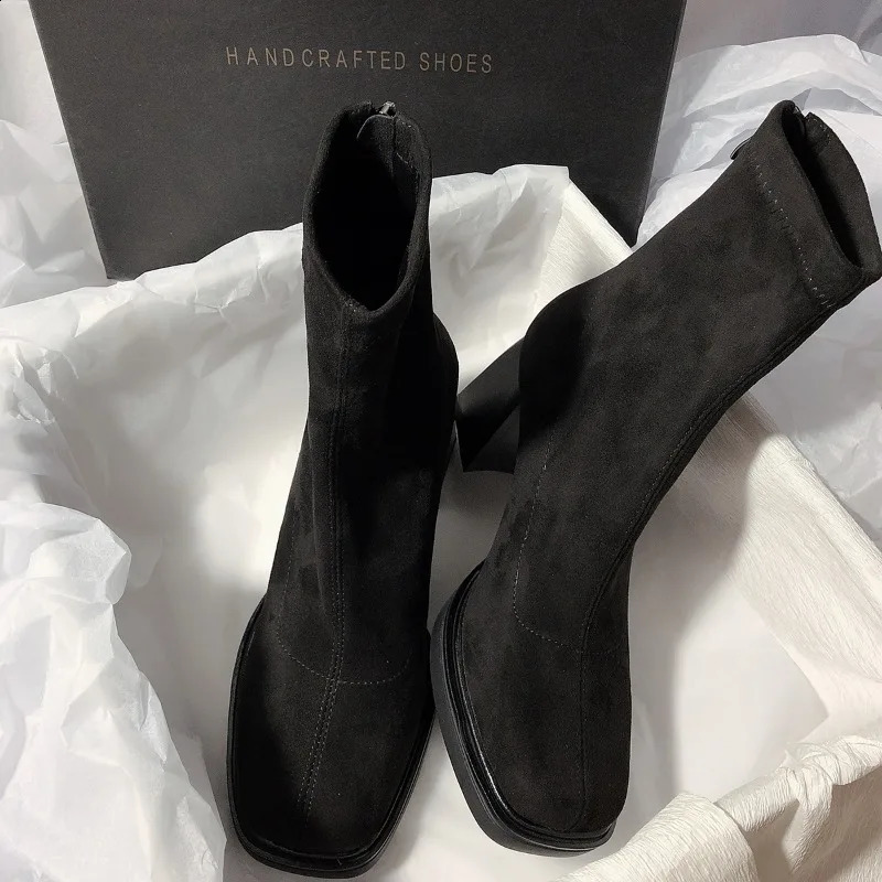 Square Toe Women Ankle Boots Elegant High Heels Ladies Back Zippers Suede Short Booties Winter Womens Mordern Footwear 241226