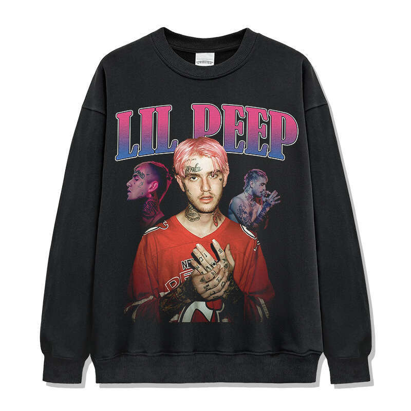 Hip hop lil peek printed high street short sleeved T-shirt vintage washed pure cotton round neck hooded sweatshirt