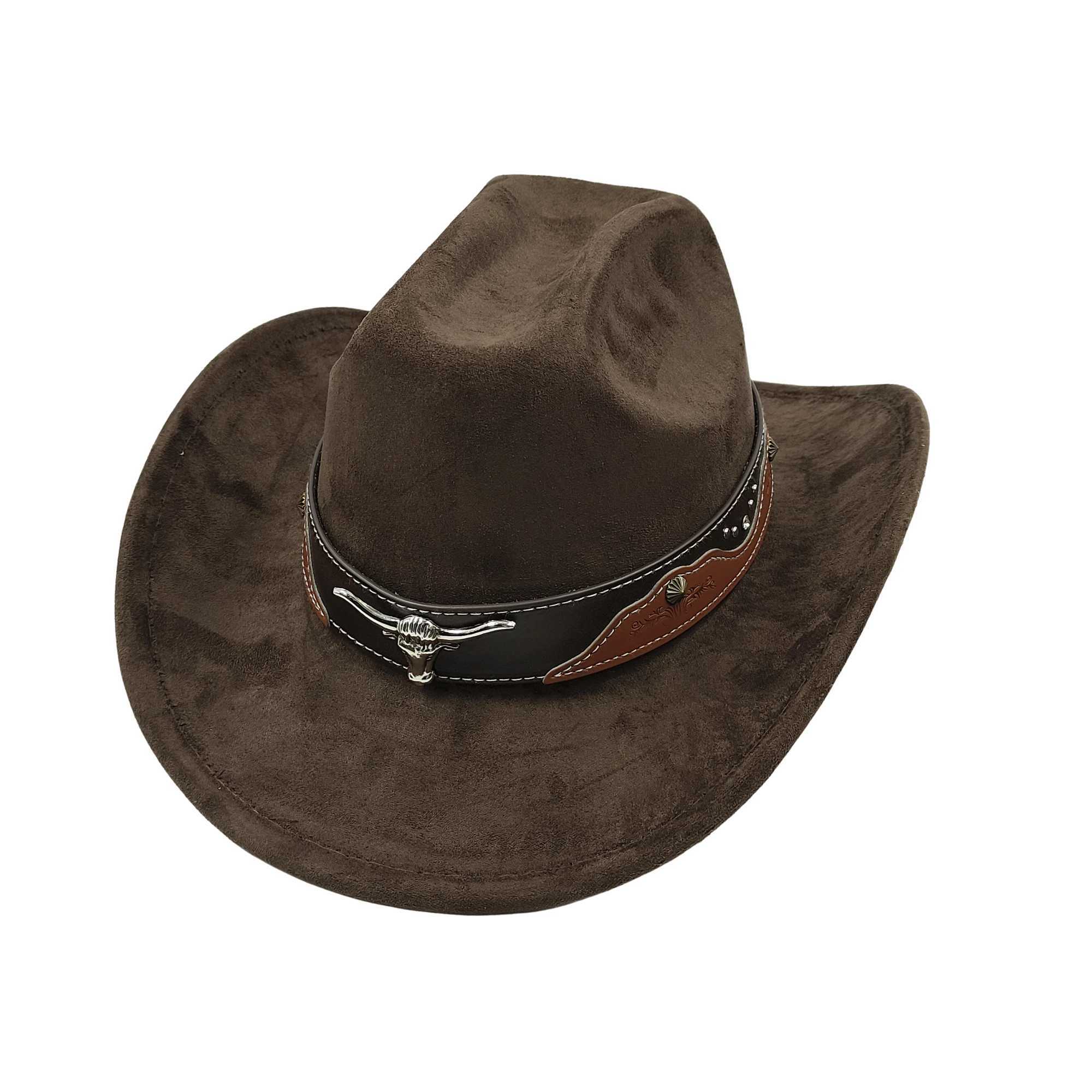 Cow Head with Suede Leather 7.5CM Western Cowboy Fedora Hat Womens Church Jazz Hat Fashion Travel Party Hat Cowboy Hat W241225
