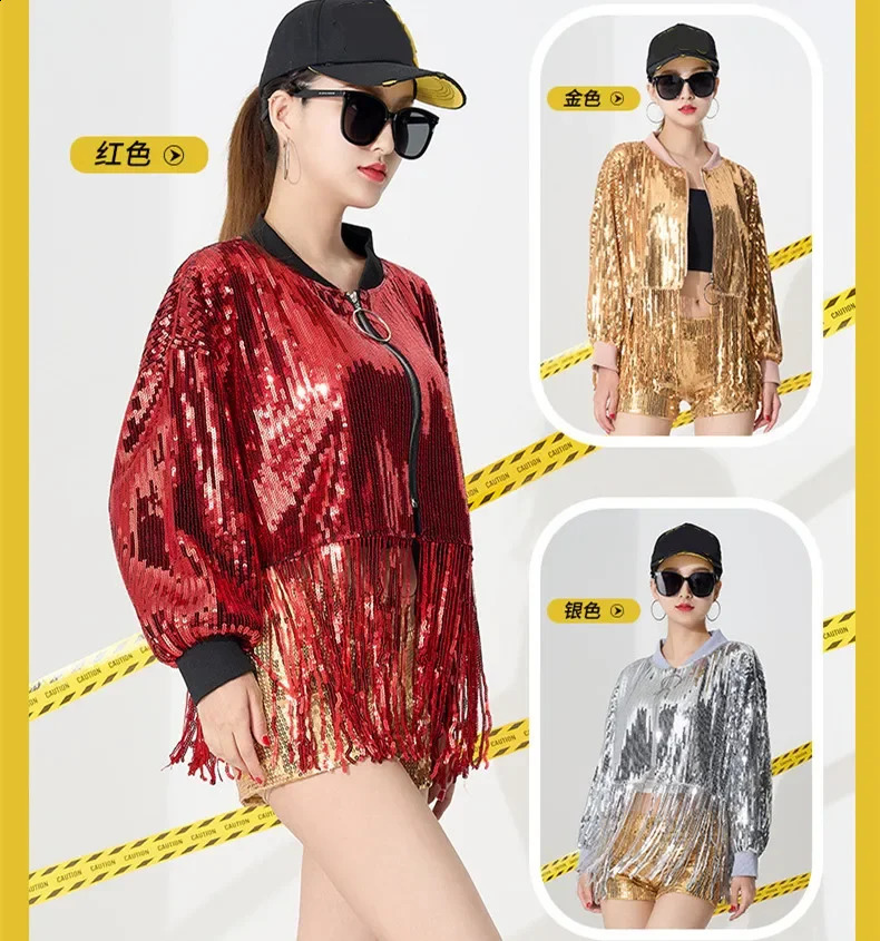 Sequined Tassel Cardigan Short Jacket Women Nightclub Bar Outerwear Stage Costume Ladies Coat Performance Jackets Woman Clothes 241223
